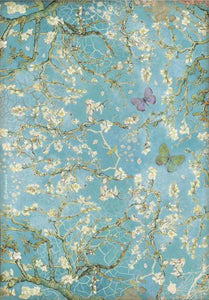 Stamperia - Atelier Blossom Blue Background with Butterfly - Decoupage Rice Paper A4 - DFSA4546